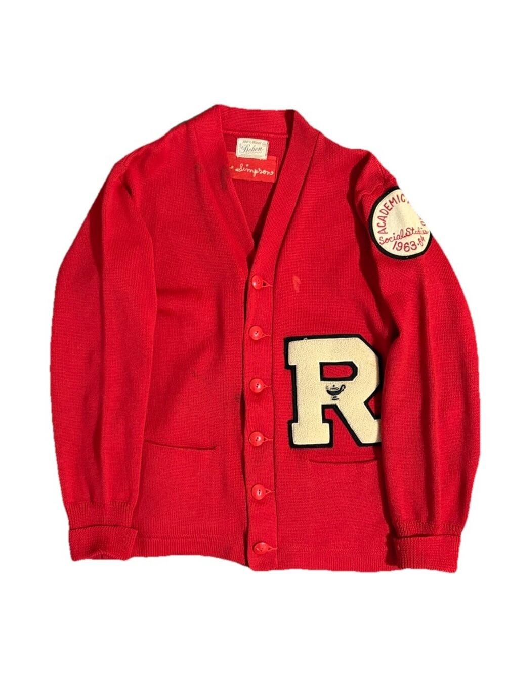 Vintage 1963 Red Wool Student Cardigan Made In USA Size Small Social Studies 60s
